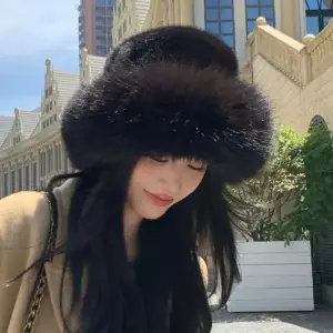 Autumn Winter Women's Fur Hat Brimless Plush Fluffy Skiing Riding Warm Cap Thick Warm Faux Fur Basin-Hat For Women Fisherman-Cap